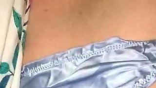 Massive cumshot on her blue satin panty covered ass