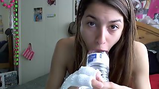 Girl deepthroats water bottle and cries for daddy